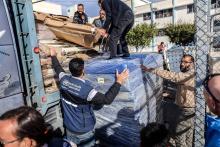 Delivery of bed and matresses to UNRWA field hospital in Nasser Stadium, Khan Younis, Gaza, occupied Palestinian territory, January 2024.